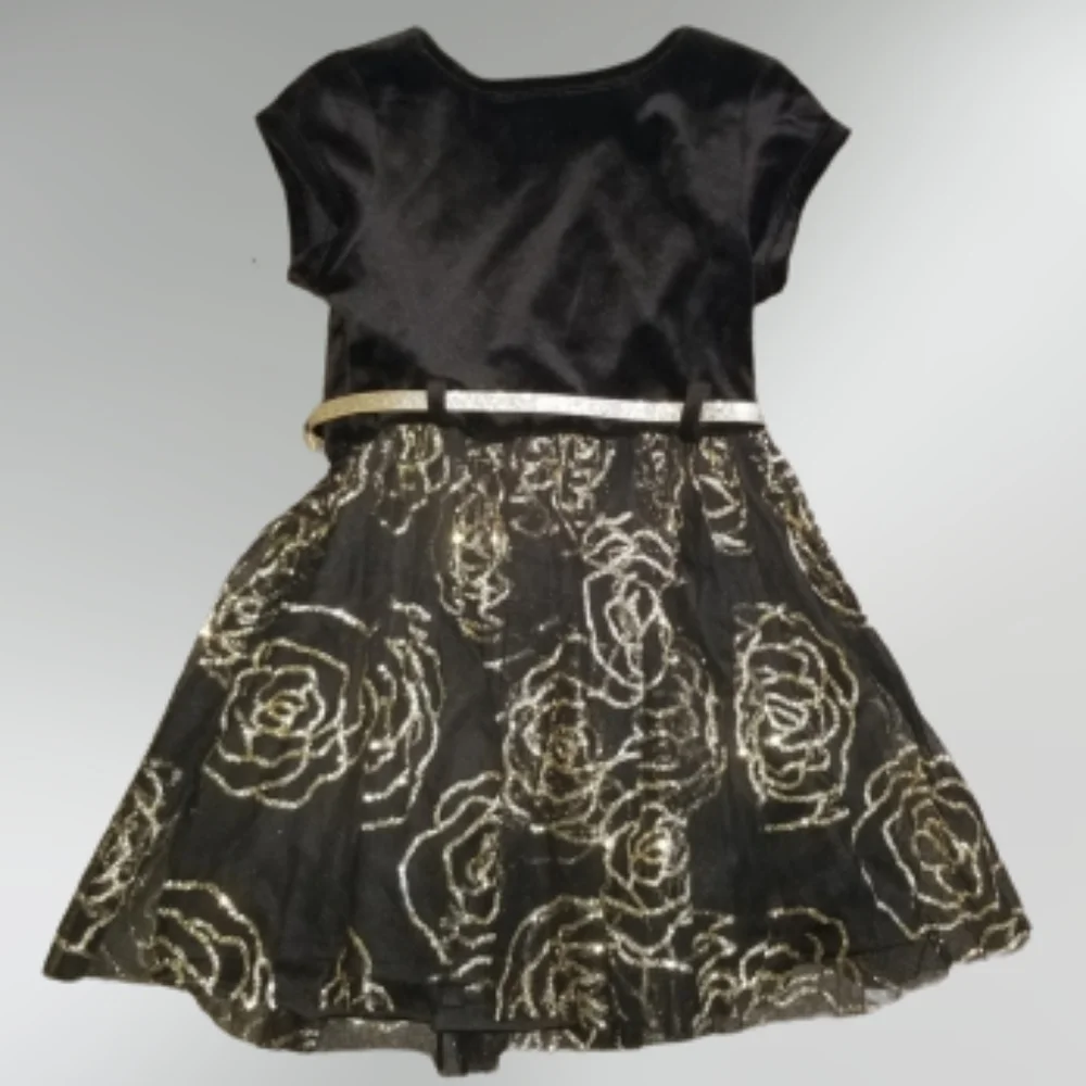BRAND NEW Toddler black dress w/gold shimmering roses belted dress size 4 - Picture 3 of 4